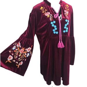 Roiii Boho Whimsigoth Gypsy Empire Waist Velvet Dress‎ XXL Purple Embroidered